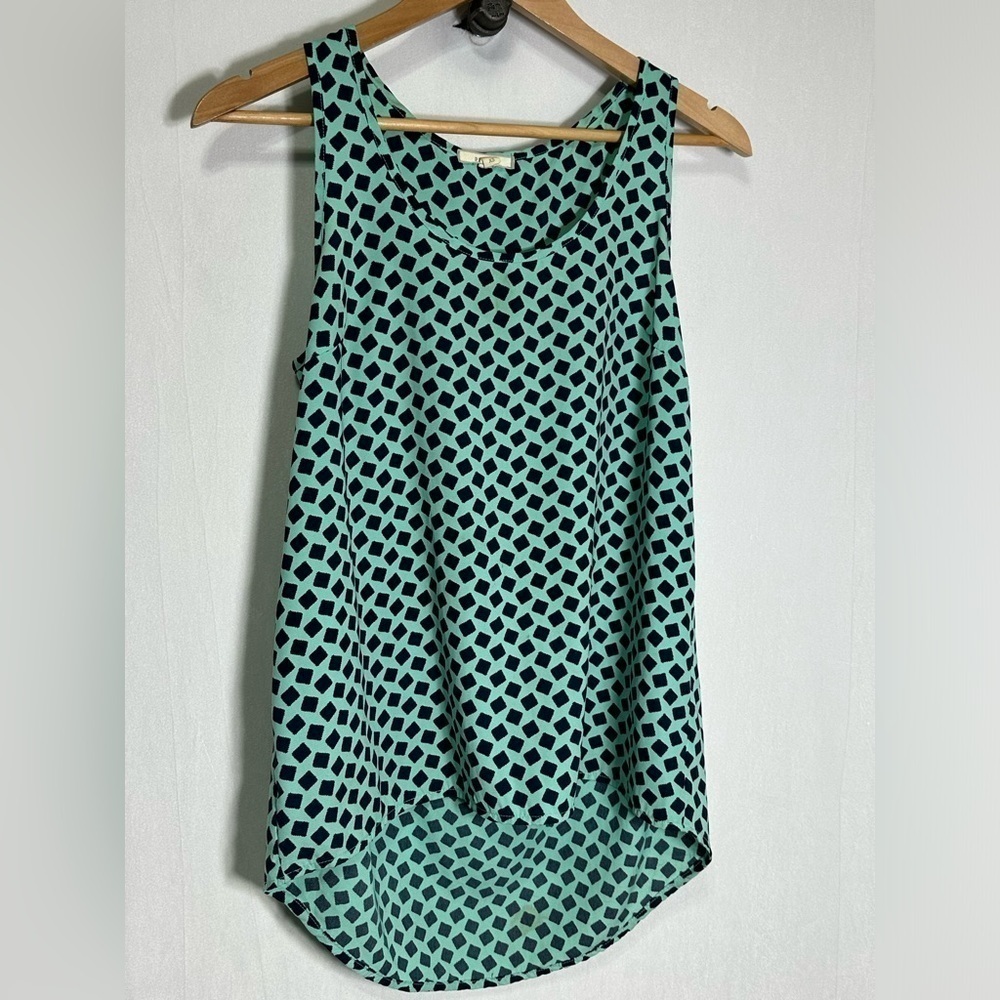 Pleione Womens XS Mint Green Navy Blue Diamond Print High Low Tank Top Blouse